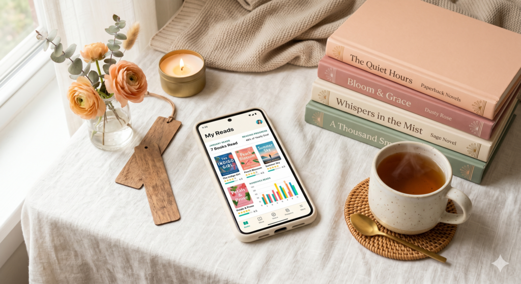 Smartphone displaying a book tracking app surrounded by pastel novels and tea