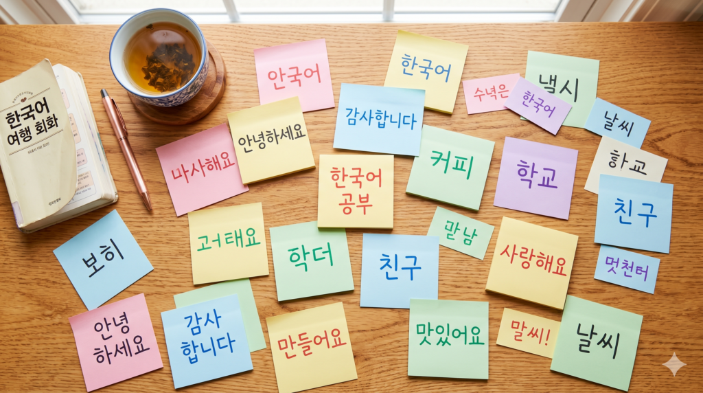 Colorful sticky notes and flashcards with Korean Hangul words and phrases scattered on a wooden desk next to a cup of tea and a Korean phrasebook