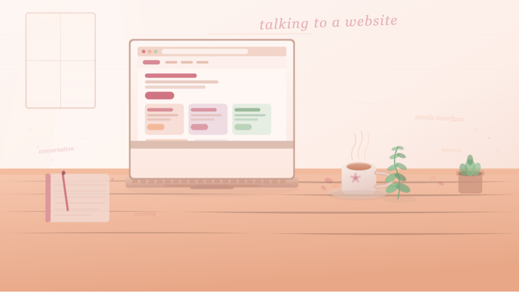 A cozy peach and rose desk with a laptop open to a pastel website layout, a steaming mug of tea, a sprig of herbs, and soft morning light — illustrated in warm editorial style.