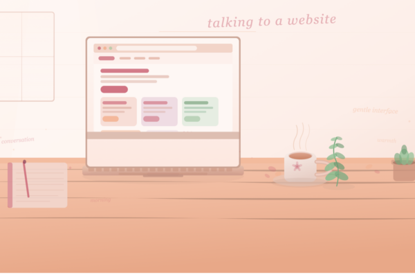 A cozy peach and rose desk with a laptop open to a pastel website layout, a steaming mug of tea, a sprig of herbs, and soft morning light — illustrated in warm editorial style.