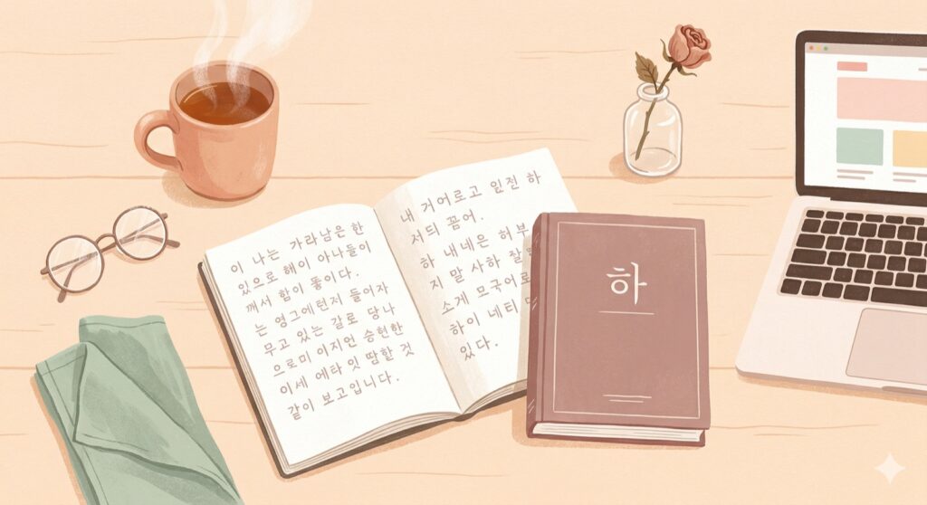 Warm illustrated flat-lay of a beginner's Korean learning setup — an open notebook with handwritten Hangeul, a textbook marked 하, a steaming mug of tea, round reading glasses, a dried rose, and a laptop on a peach desk.