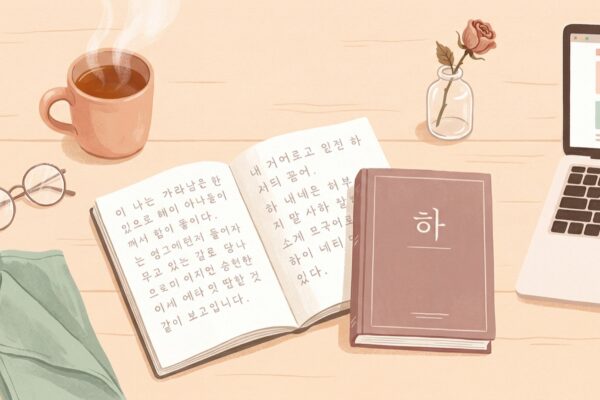Warm illustrated flat-lay of a beginner's Korean learning setup — an open notebook with handwritten Hangeul, a textbook marked 하, a steaming mug of tea, round reading glasses, a dried rose, and a laptop on a peach desk.