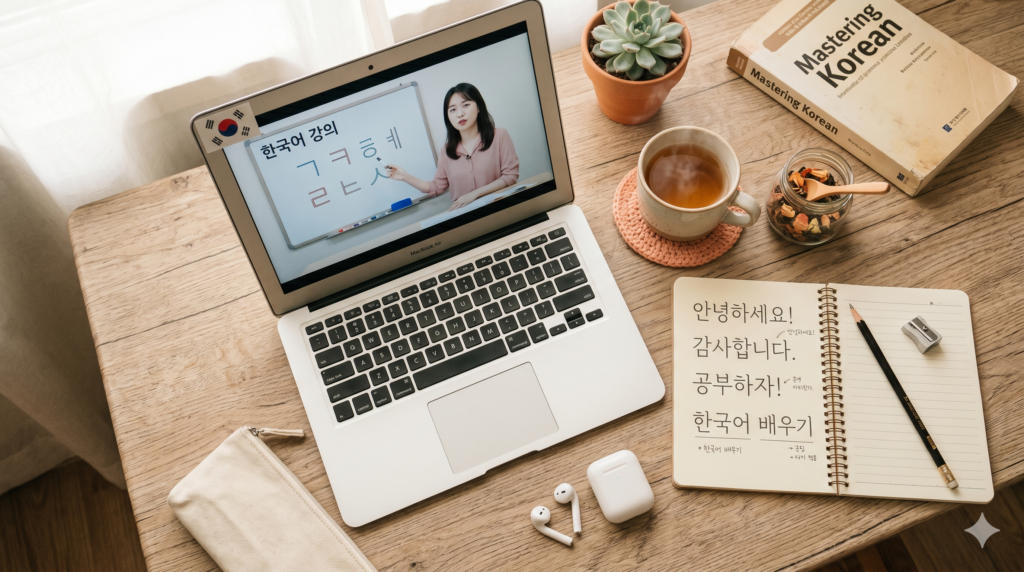 Laptop showing a Korean language video lecture with notebook, tea, and study materials on a wooden desk