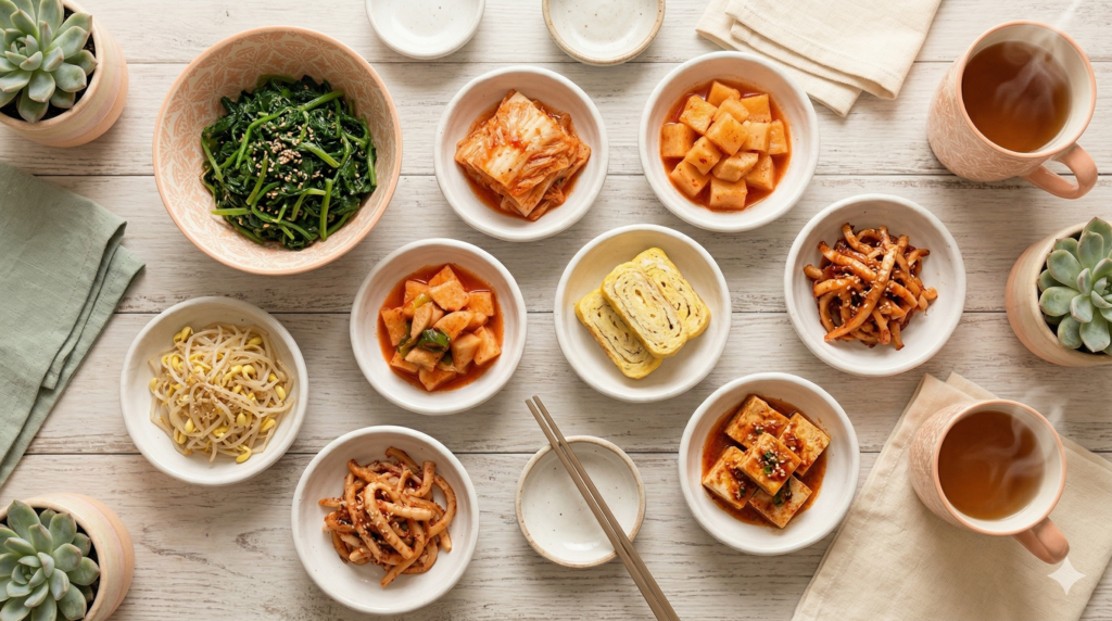 Assorted Korean banchan side dishes including spinach, kimchi, egg roll, bean sprouts, and braised tofu in small white bowls on a wooden table