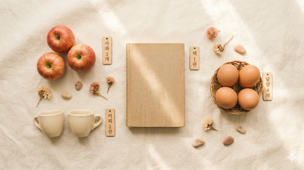 Everyday objects arranged in counted groups with Korean counter labels — three apples, two cups, one book, four eggs on cream linen