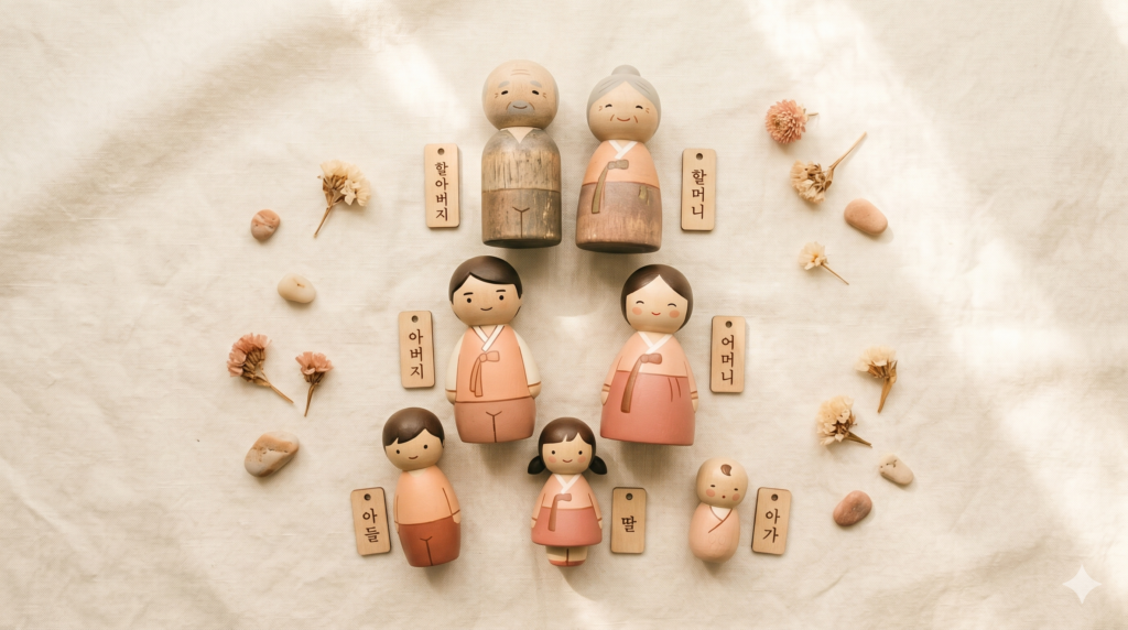 Wooden Korean family figurines in hanbok with Hangul labels for grandfather, grandmother, father, mother, son, daughter, and baby