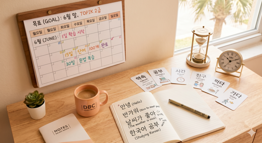 Cozy desk with Korean study planner showing TOPIK 2 goal, Hangul flashcards, notebook with Korean phrases, hourglass, and coffee