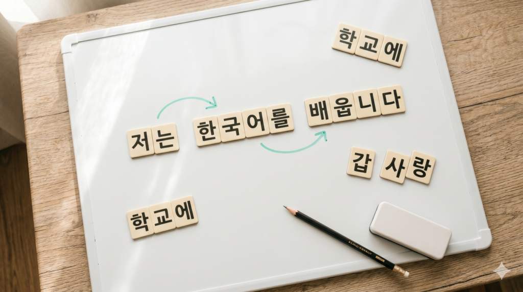Magnetic Hangul word tiles arranged on a whiteboard showing Korean sentence structure with arrows indicating word order