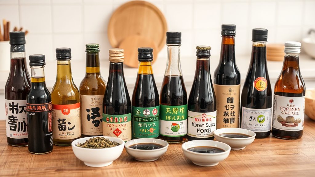 Different types of Korean soy sauce bottles and dipping dishes