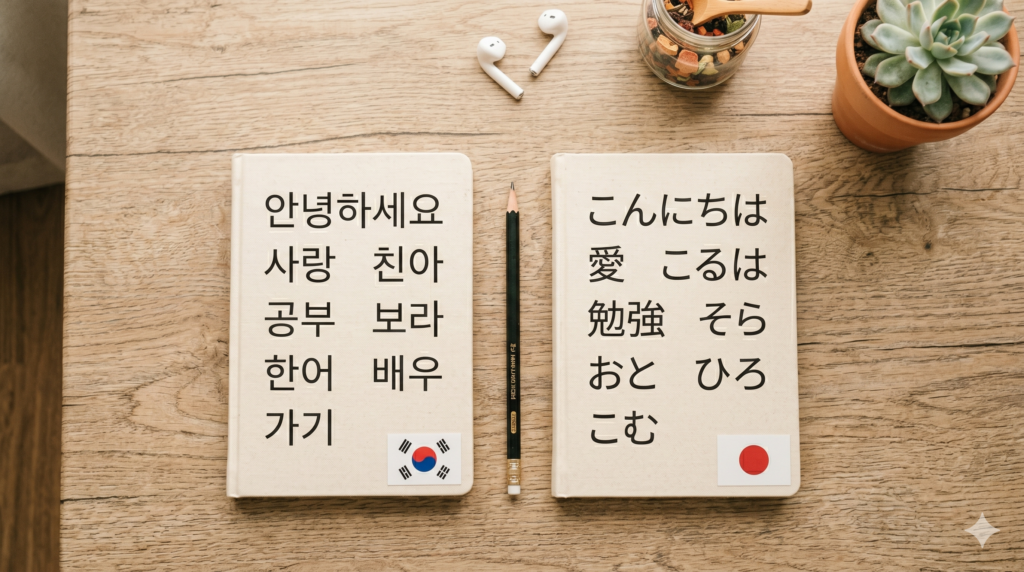 Two notebooks side by side on a wooden desk — one with Hangul and Korean flag, one with Japanese hiragana and Japanese flag, pencil between them