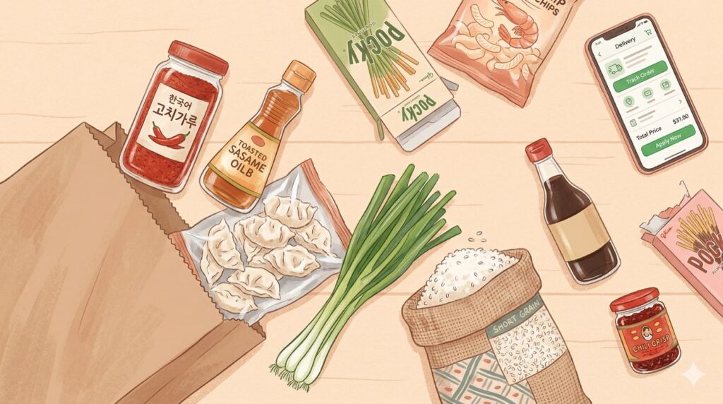 Warm illustrated flat-lay of an Asian grocery haul — gochugaru, sesame oil, frozen dumplings, fresh scallions, short-grain rice, soy sauce, chili crisp, Pocky, shrimp chips, and a phone showing a grocery delivery app, all spilling from a brown paper bag on a peach-toned desk.