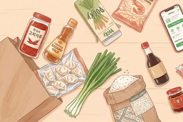 Warm illustrated flat-lay of an Asian grocery haul — gochugaru, sesame oil, frozen dumplings, fresh scallions, short-grain rice, soy sauce, chili crisp, Pocky, shrimp chips, and a phone showing a grocery delivery app, all spilling from a brown paper bag on a peach-toned desk.