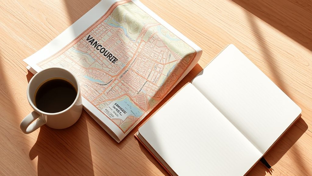 A folded paper map of Vancouver with a coffee cup and notebook on a sunny breakfast table