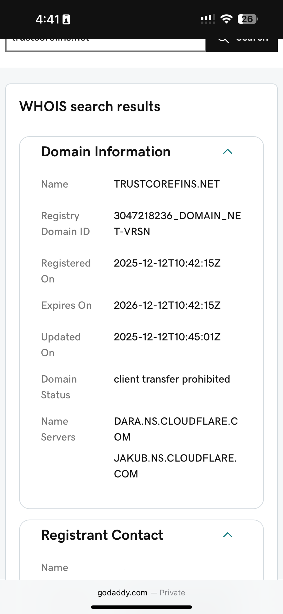 WHOIS record showing trustcorefins.net was registered in December 2025, privacy-shielded