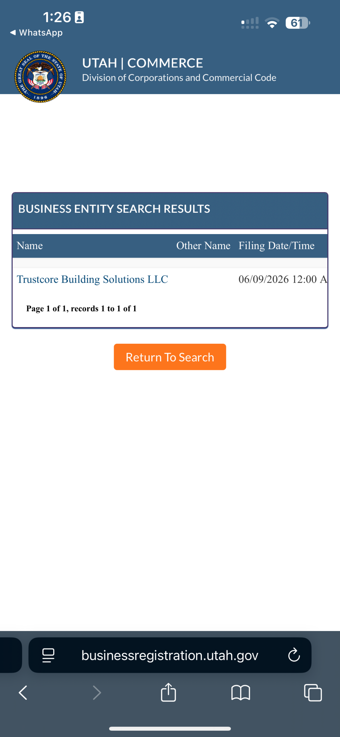 Utah business search showing no TrustCore investment firm, only Trustcore Building Solutions LLC