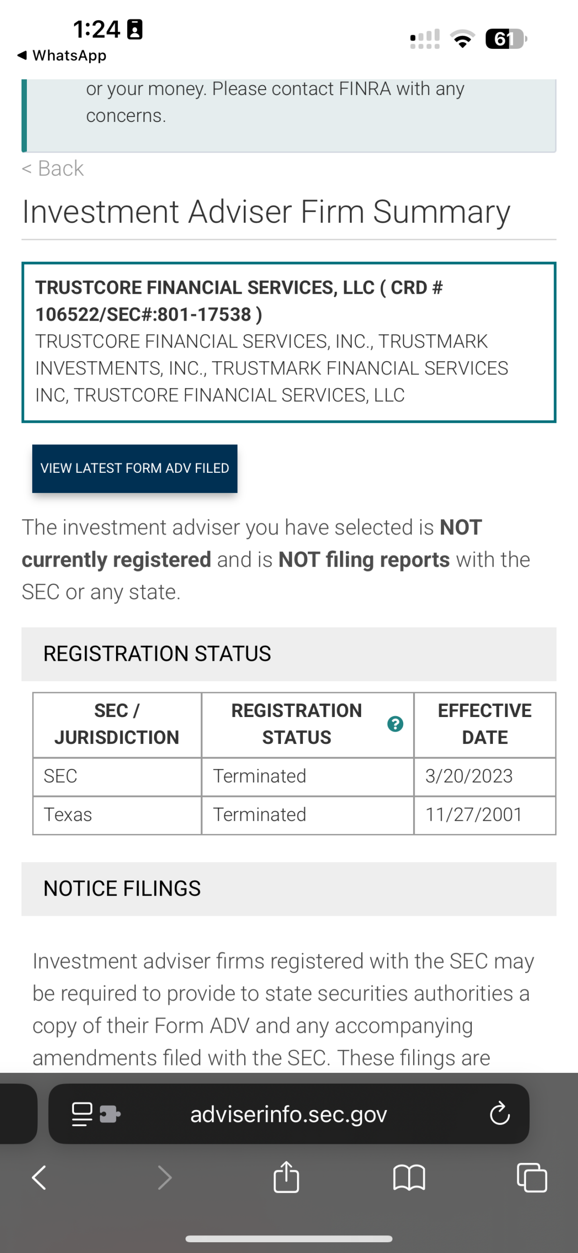 SEC IAPD record showing TrustCore Financial Services registration Terminated