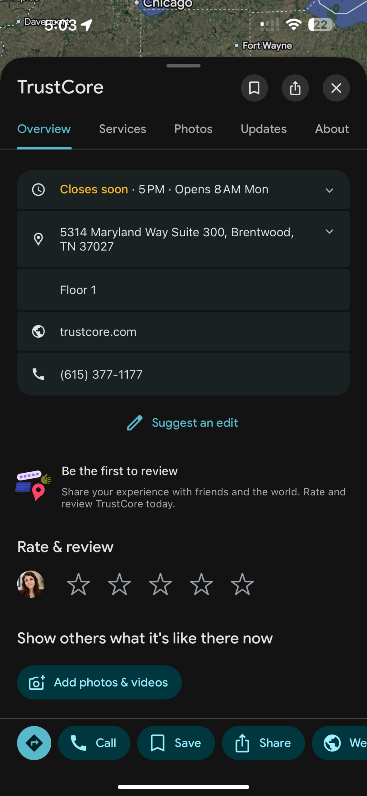 Real TrustCore listing showing trustcore.com and Brentwood, Tennessee address