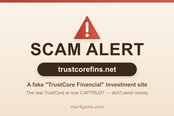 Scam alert graphic warning that trustcorefins.net is a fake TrustCore Financial investment site